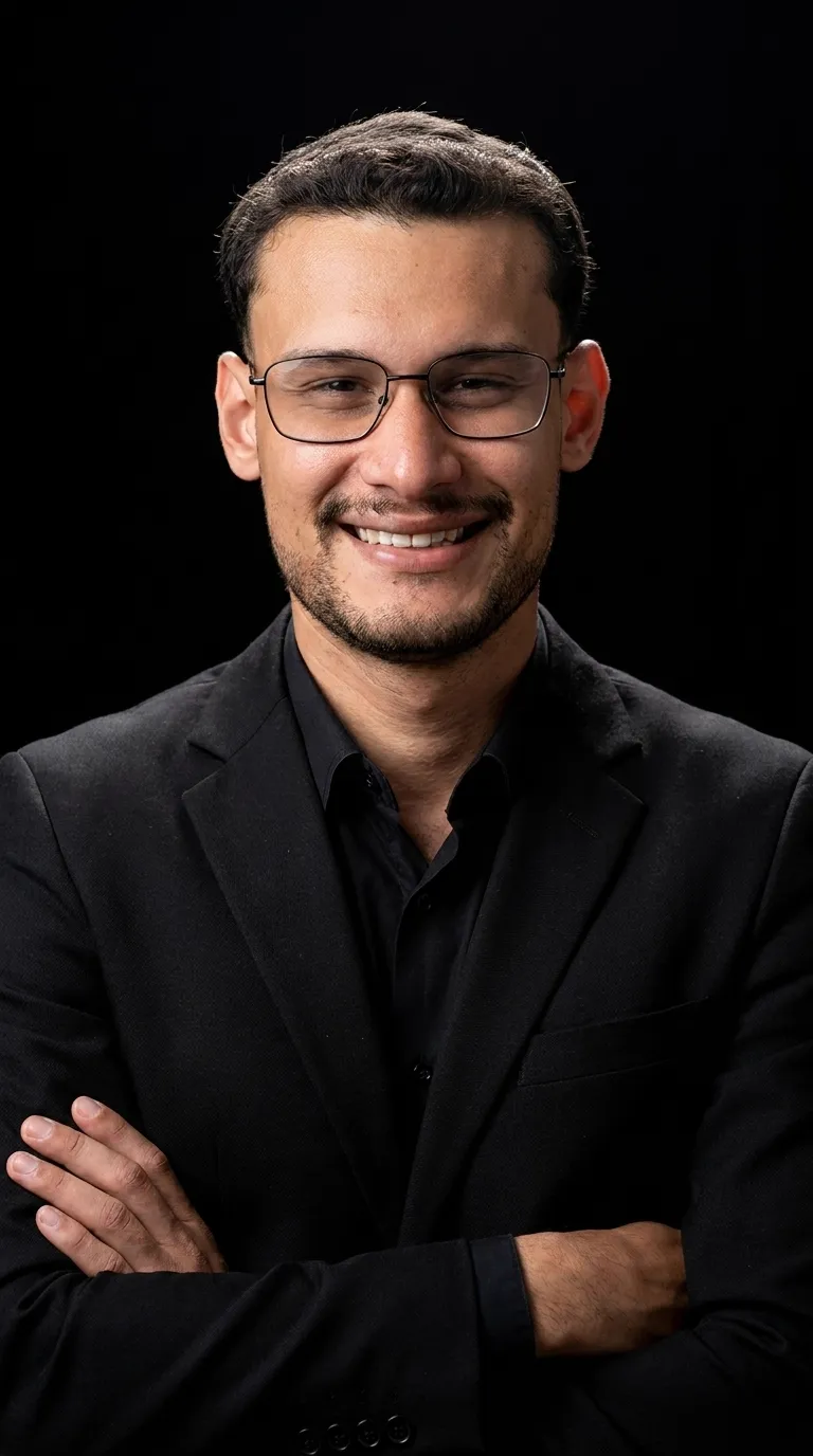 Arthur Rodrigues sorrindo, de braços cruzados, em blazer preto